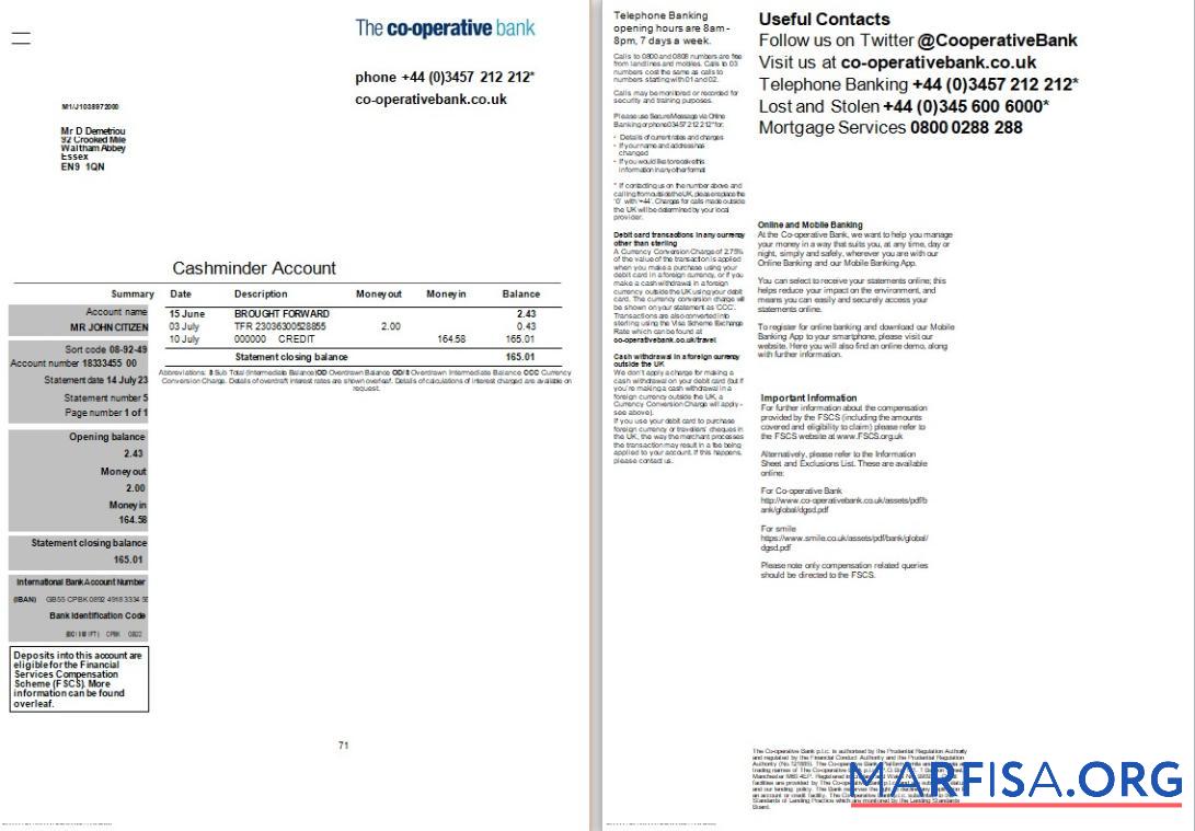 Blank United Kingdom The Cooperative bank statement word 2 pages template